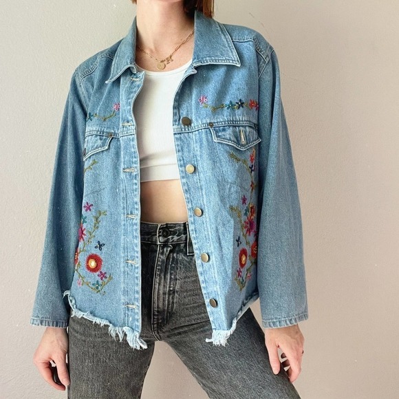 Vintage Carole Little Denim Flower Embroidered Denim Jacket w/ Raw Hem - Picture 3 of 8